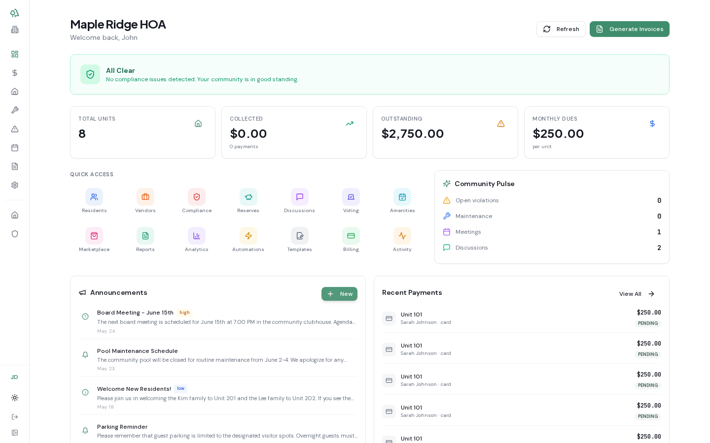 Parkie community management dashboard showing units, payments, compliance status, and announcements